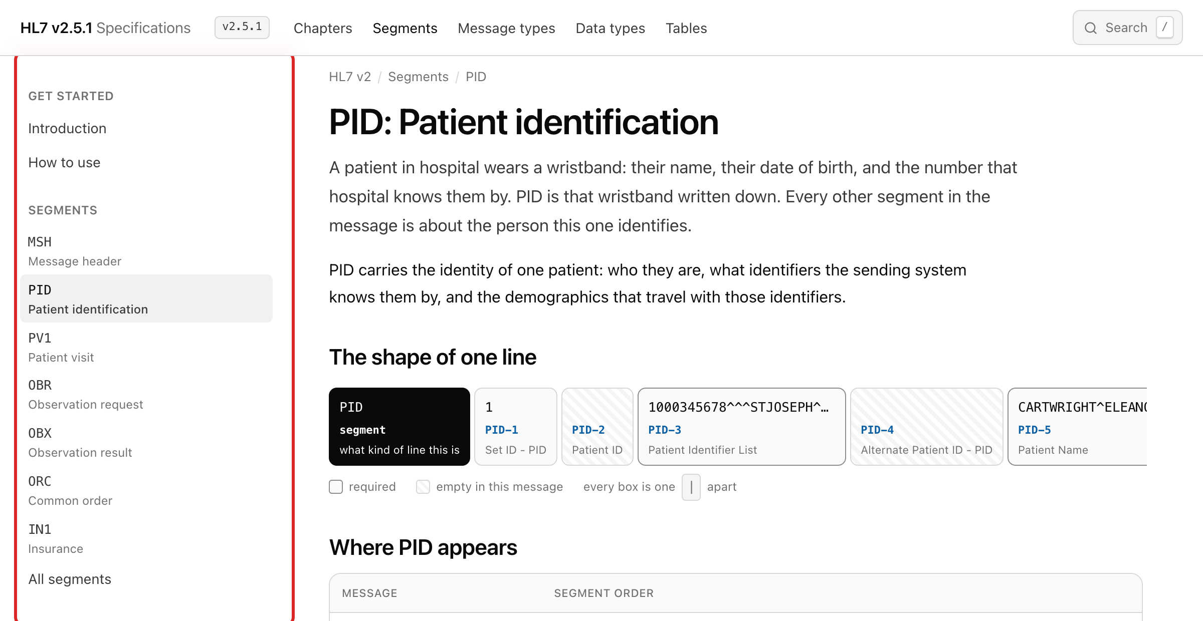 The sidebar beside a segment page, listing the common segments and message types