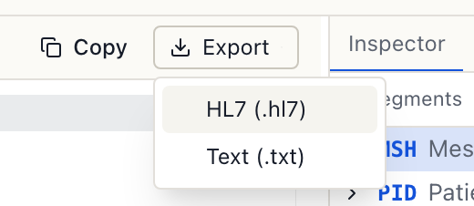 The Export menu open, offering HL7 and text