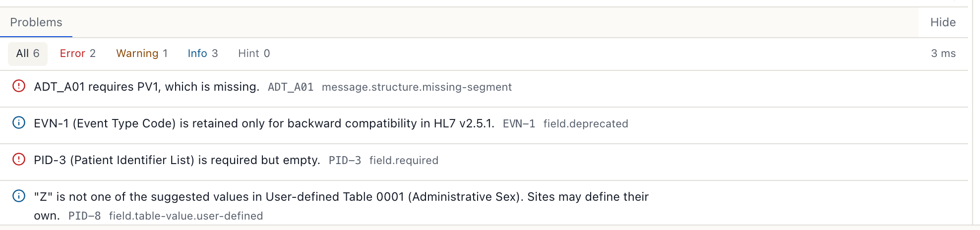 The problems panel listing three required fields